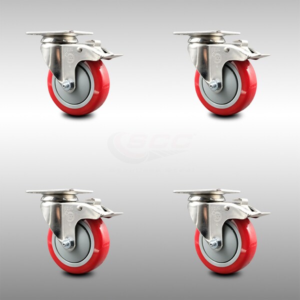 4 Inch 316SS Red Polyurethane Swivel Top Plate Caster Set Total Lock Brake SCC